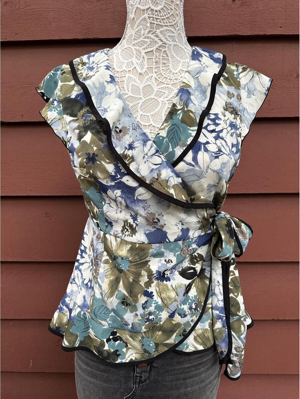 Axcess Floral Wrap Blouse with Ruffle Trim